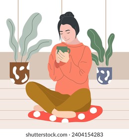 young woman drink a cup of coffe while enjoying self time vector illustration