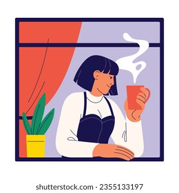 La joven bebe café caliente en la ventana. Una chica feliz descansa sola en casa con una taza de té, cubierta. La única mujer en el apartamento pasa la mañana, la gente se relaja en el apartamento. Ilustración vectorial plana