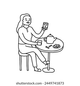 Young woman drink hot coffee and online communicate on smartphone, doodle line. Breakfast in cafe. Hand drawn style vector illustration