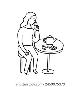Young woman drink hot coffee from cup, doodle line. Breakfast in cafe. Hand drawn style vector illustration