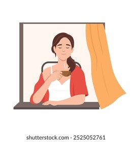 Mujer joven bebe café caliente en la ventana. Ilustración vectorial plana aislada sobre fondo blanco