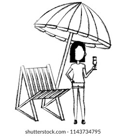 young woman with drink and umbrella beach