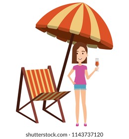 young woman with drink and umbrella beach