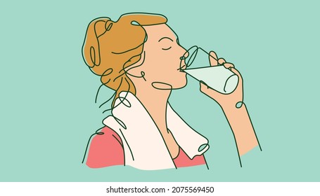 Young woman drink water after exercise. Line art style vector illustration suitable for healthy lifestyle content