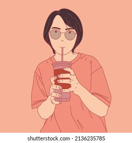 Young woman drinking bubble milk tea or pearl milk tea. Vector illustrations.