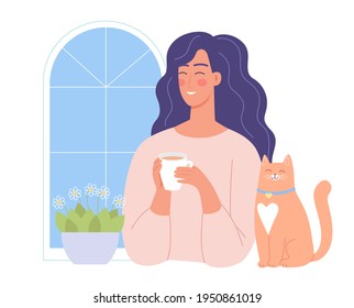 Young woman drinking coffee at home cartoon vector illustration