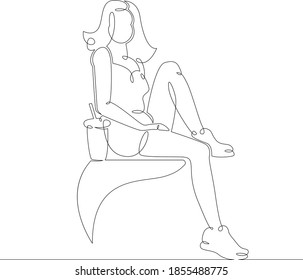 Young woman drinking coffee hot drink while sitting on the bench. One continuous drawing line, logo single hand drawn art doodle isolated minimal illustration.