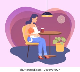 Young woman drinking coffee at pet cafe. Pet and eco friendly restaurant, female cartoon character with cat flat vector illustration. Pets, coffee shop concept for banner, website design