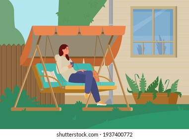 Young Woman Drinking Coffee And Relaxing In Garden Swing In The Backyard. Vector illustration.