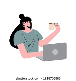 young woman drinking coffee and using laptop vector illustration design