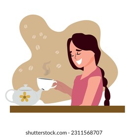 young woman drinking coffee, vector illustration with isolated background.