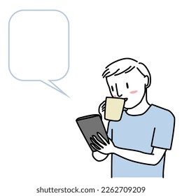 Joven tomando café mientras navegan por los sitios web en tablet. Un tipo lindo usando una tableta digital mientras toma café. Joven feliz tomando café y usando tablet. Globo de texto incluido.