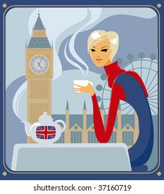 Young woman drinking five-o-clock  tea in a cafe in London