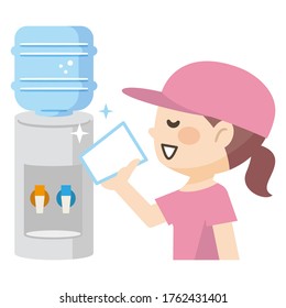 Young Woman Drinking Fresh Clean Water at the Cooler Vector Illustration