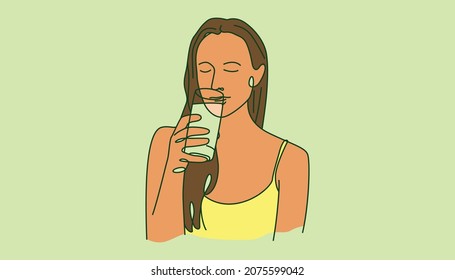 Young woman drinking glass of water. Line art style vector illustration suitable for wellness or health content