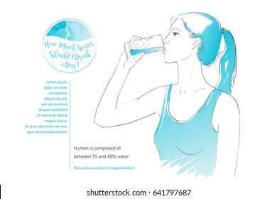 Young woman drinking glass of water. Hand-drawn vector isolated illustration