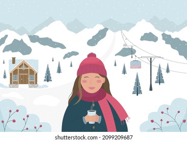 Young woman is drinking hot chocolate at the ski resort. Concept vector illustration in flat style.