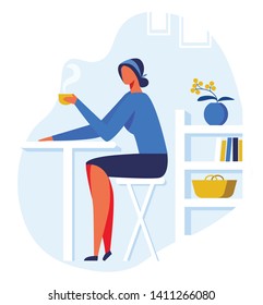 Young Woman Drinking hot Coffe or Tea holding Mug Cartoon Flat Vector Illustration. Cup with Hot Drink. Girl Sitting in Cafe or Restaurant Relaxing or Having Rest. Coffee Shop Interior.