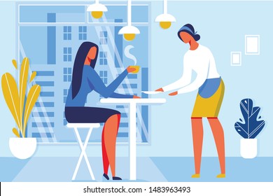 Young Woman Drinking Hot Coffe or Tea Holding Mug Cartoon Flat Vector Illustration. Cup with Hot Drink. Girl Sitting in Cafe or Restaurant Relaxing or Having Rest. Waitress Serving Customer.