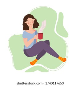 Young woman drinking hot coffee or tea at home. Female character sitting in relaxing pose, enjoying free time. Trendy colorful illustration in a flat style. Pastel tones.