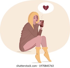 A young woman is drinking hot coffee, sad because of the message about the breakup. Vector illustration in flat style isolated on white background.