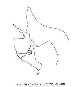 Young woman drinking a hot cup of coffee. Continuous single line drawing vector illustration