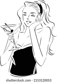 young woman drinking martini line art