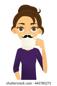 Young woman drinking out of a mug with a mustache on it