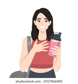 Young woman Drinking Protein Shake After Working Out. Flat vector Character Illustration