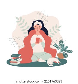 Young woman drinking tea or coffee and sitting in lotus pose at home with cozy blanket and a cat. Flat vector illustration.