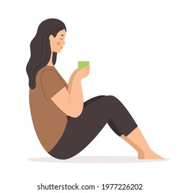 A young woman is drinking tea from a cup. Japanese traditions ceremony, matcha tea, green tea. Health and harmony concept. Flat illustration
