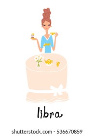 Young woman drinking tea at the table. Libra horoscope sign. vector illustration.