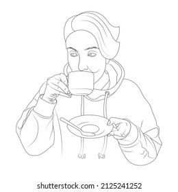 Young woman drinking tea vector sketch.