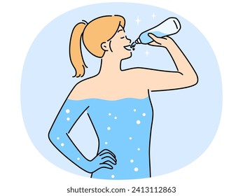Young woman drinking water from bottle for hydration. Smiling girl enjoy clean liquid follow healthy lifestyle. Body hydrate. Vector illustration.