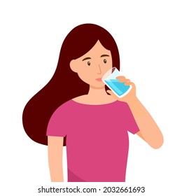 Young woman drinking water in flat design on white background. Drink more water for good health.