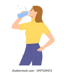 Young Woman Is Drinking Water Form Portable Water Bottle. Concept Of Healthy Lifestyle, Staying Hydrated, Hydration, Thirst, Good For Health. Flat Vector Illustration Chararacter.