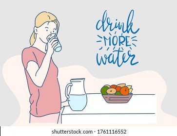 Young woman drinking water from glass. Drink more Water. Lifestyle and healthcare concept. Hand drawn in thin line style, vector illustrations.