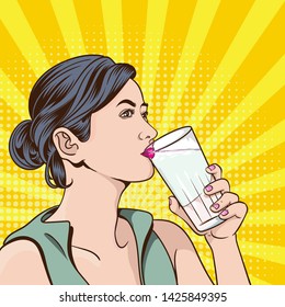 Young woman drinking water .pop art retro comic style illustration.Women and background images separate