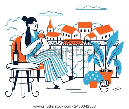 Young woman drinking wine while rest on home terrace