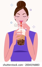Young woman drinks bubble milk tea. Taiwanese popular and famous drink Boba with tapioca black pearls. Cartoon flat vector illustration isolated on white background.