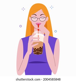 Young woman drinks bubble milk tea. Taiwanese popular and famous drink Boba with tapioca black pearls. Cartoon flat vector illustration isolated on white background.