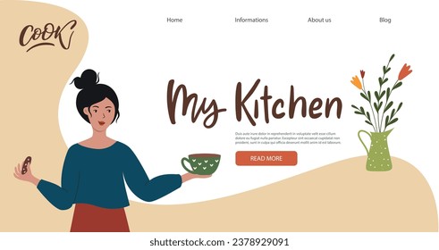 A young woman drinks coffee with cookies in the kitchen site banner. Cozy cooking landing page banner template for website and mobile app development. Сoncept for cooking school, master class, cooking