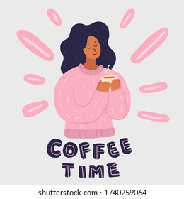 La joven bebe café con una taza en el brazo. Suéter rosa. Sus ojos están cerrados. A ella le encanta el café. Disfruta, felicidad. Ilustración vectorial de estilo caricatura dibujada a mano aislada en fondo gris. 