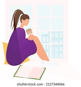 young woman drinks coffee sitting on the windowsill at the window with a view of the city. The concept of rest and relaxation. Cartoon Vector illustration in flat style