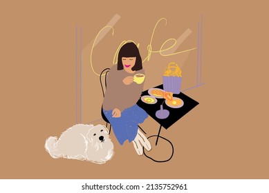 Young woman drinks coffee while sitting with her dog during a breakfast at cafe terrace. Concept of French style and leisure time with adorable white dog. Vector illustration