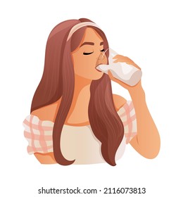 Young woman drinks a glass of milk. Milk farmer girl. Cartoon illustration isolated on white background