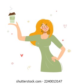 Young woman drinks matcha tea in a plastic cup. Japanese traditions, green tea, coffee to go. Coffee shop.Hipster smiling female character. Flat vector illustration.