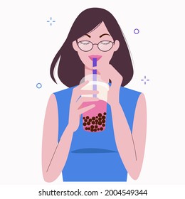 Young woman drinks pink bubble milk tea. Taiwanese popular and famous drink Boba with tapioca black pearls. Cartoon flat vector illustration isolated on white background.