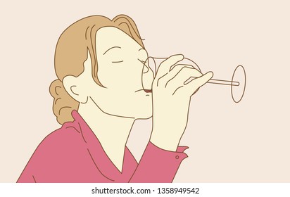 A young woman drinks red wine from a glass. Girl degusts wine. Vector illustration in line art style.  Inner peace and enjoy your life. Inner world. Alone at home. Inner harmony and tasting session.