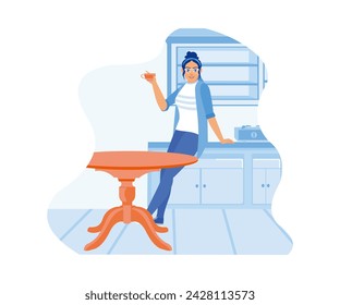 A young woman drinks tea in her kitchen while preparing to leave for work. Enjoy the morning at home. Smiling woman friends drinking tea at home. flat vector modern illustration 
